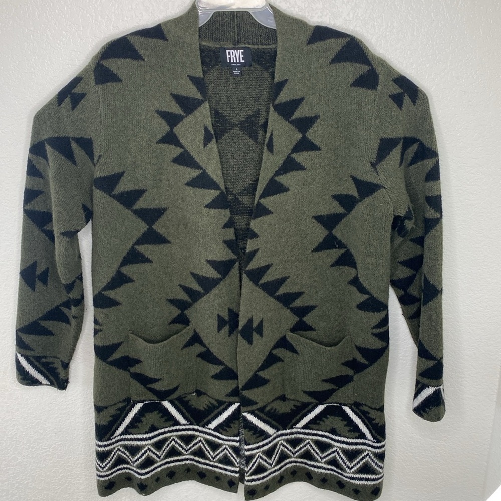 Frye Green and Black Geometric/ Aztec Pattern Open Cardigan Size L